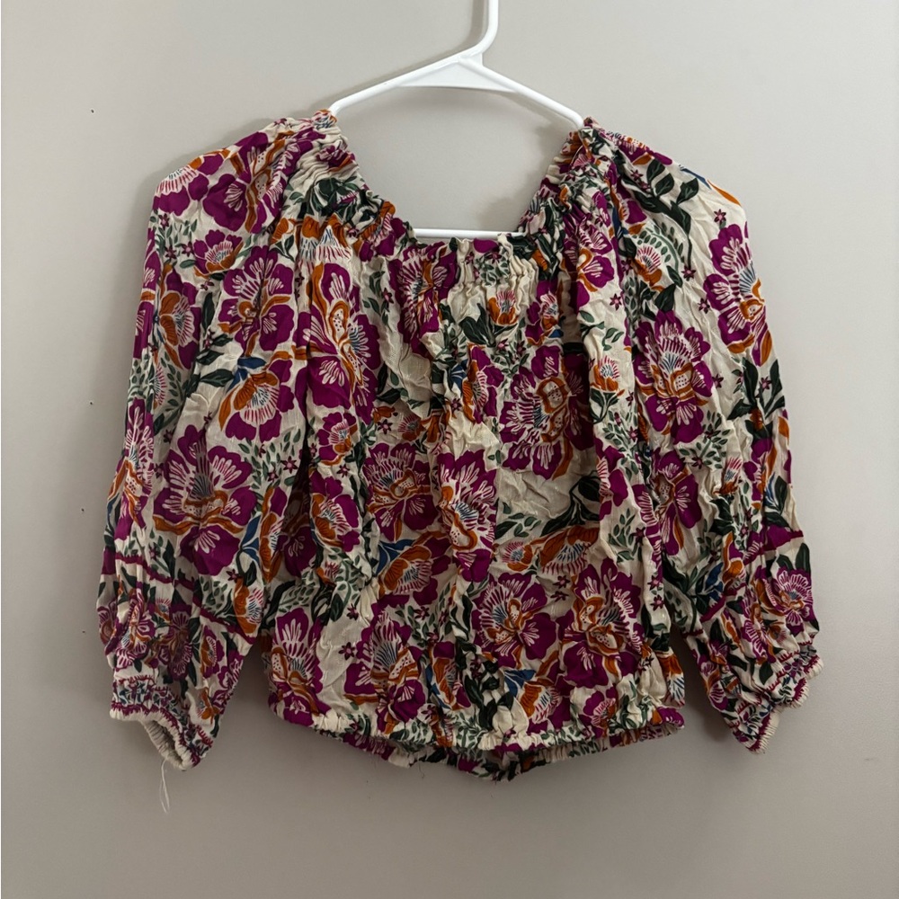 Floral Blouse with Purple and Orange Accents